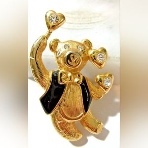 Vintage Teddy Bear & Hearts Figural Pin Trembler Crystal Accents Black Enamel